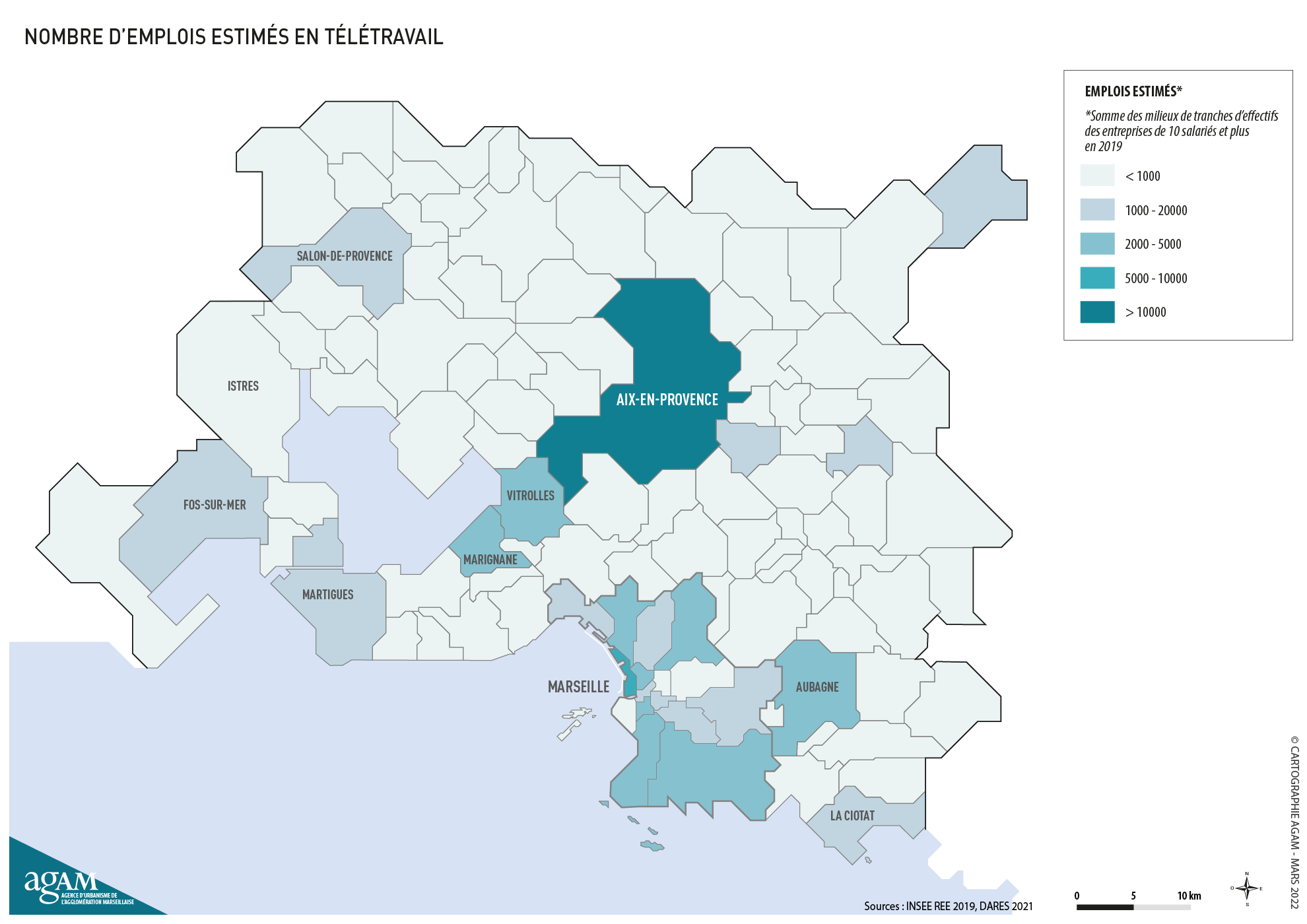 Nombres d'emplois estimés en télétravail