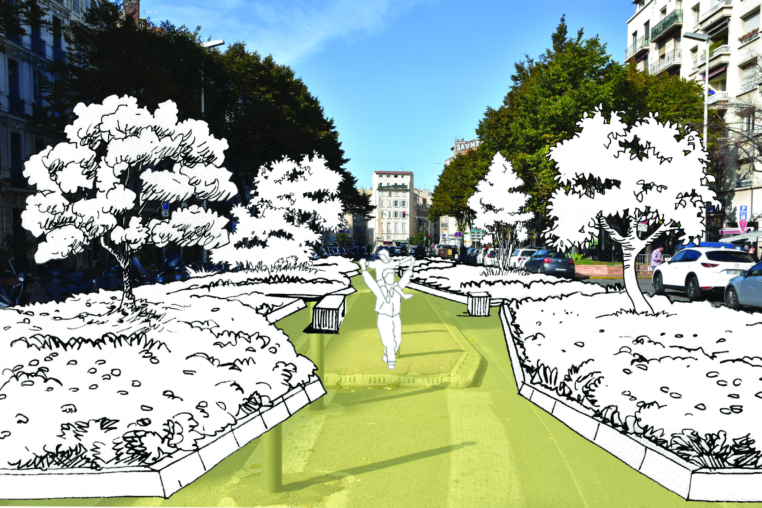 Proposition pour une promenade centrale bordée de parterres.